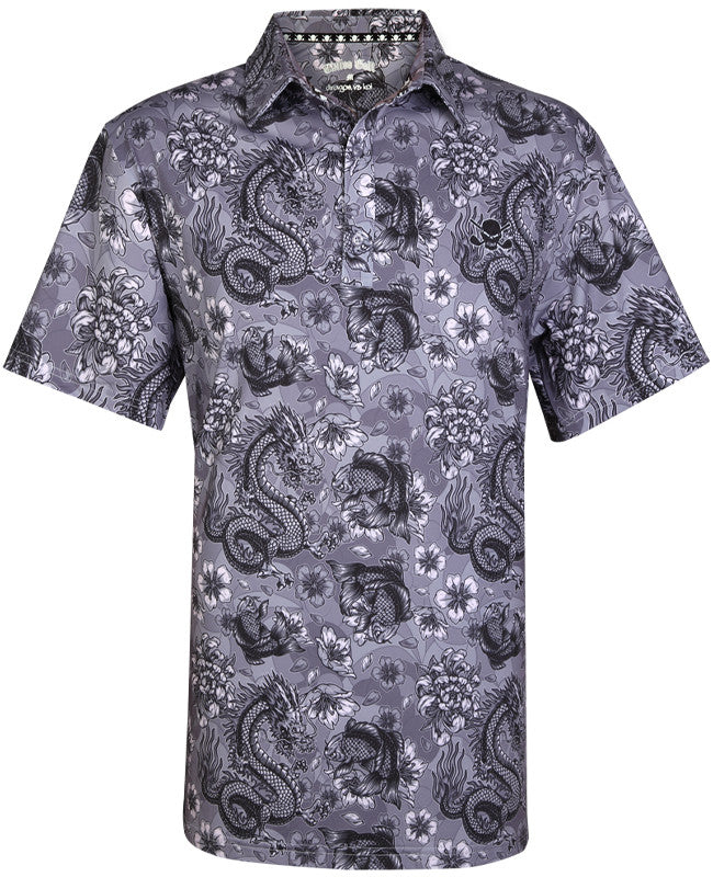 Dragon vs Koi Cool Stretch Golf Shirt | Grey