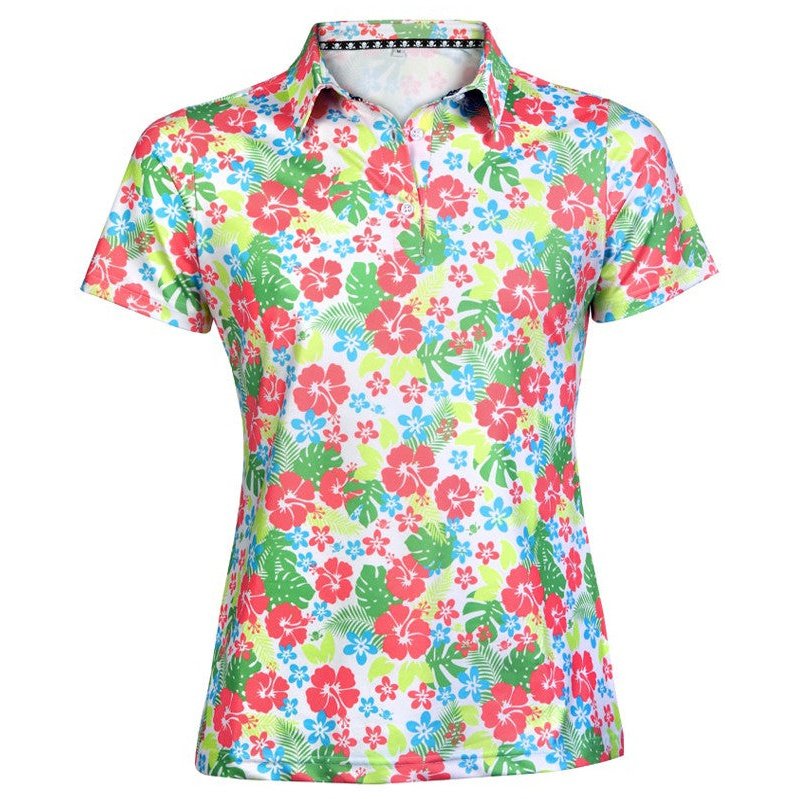 Women's Aloha Floral Cool Stretch Tattoo Golf Shirt | Red/Green/Blue
