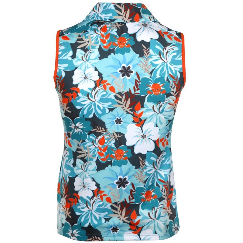 Women's Aloha Sleeveless Shirt Tattoo Golf Skull Design | Teal & Orange