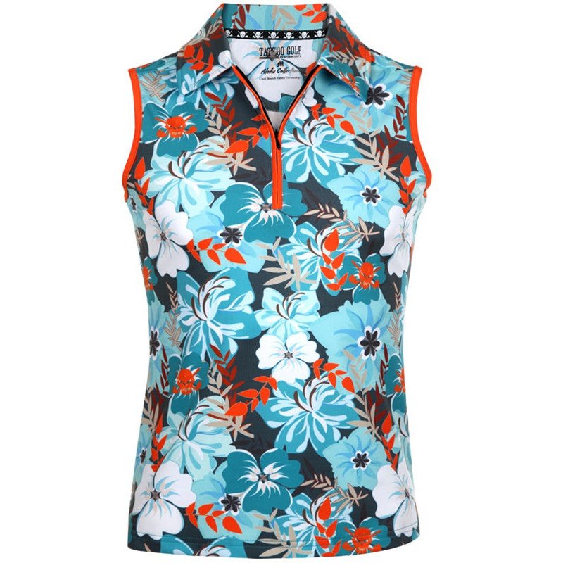 Women's Aloha Sleeveless Shirt Tattoo Golf Skull Design | Teal & Orange