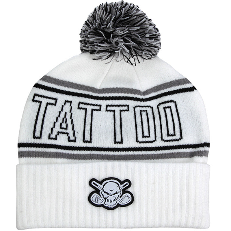 Tattoo Golf Cuffed Pom Beanie Hat With Skull | White