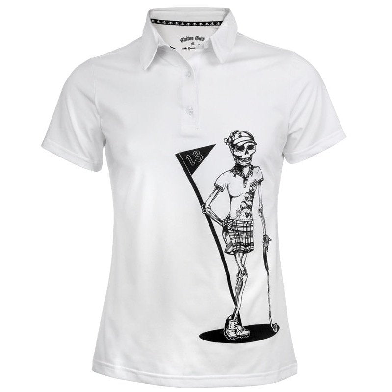 Women&#39;s Mrs. Bones Skeleton Cool Stretch Shirt Tattoo Golf | White
