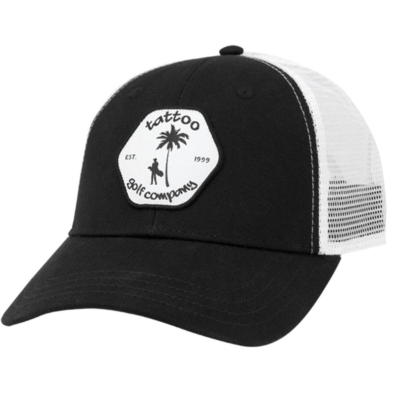 Tattoo Palm Tree Snap Back Trucker Golf Hat | Black &amp; White