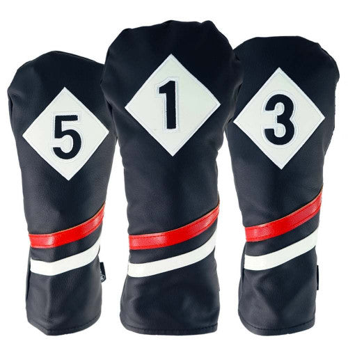 PREMIUM VINTAGE STYLE PU LEATHER GOLF CLUB HEADCOVERS | RETRO BLACK