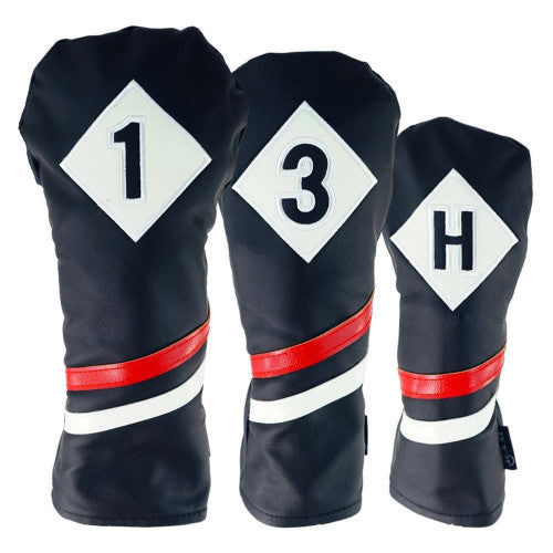 PREMIUM VINTAGE STYLE PU LEATHER GOLF CLUB HEADCOVERS | RETRO BLACK
